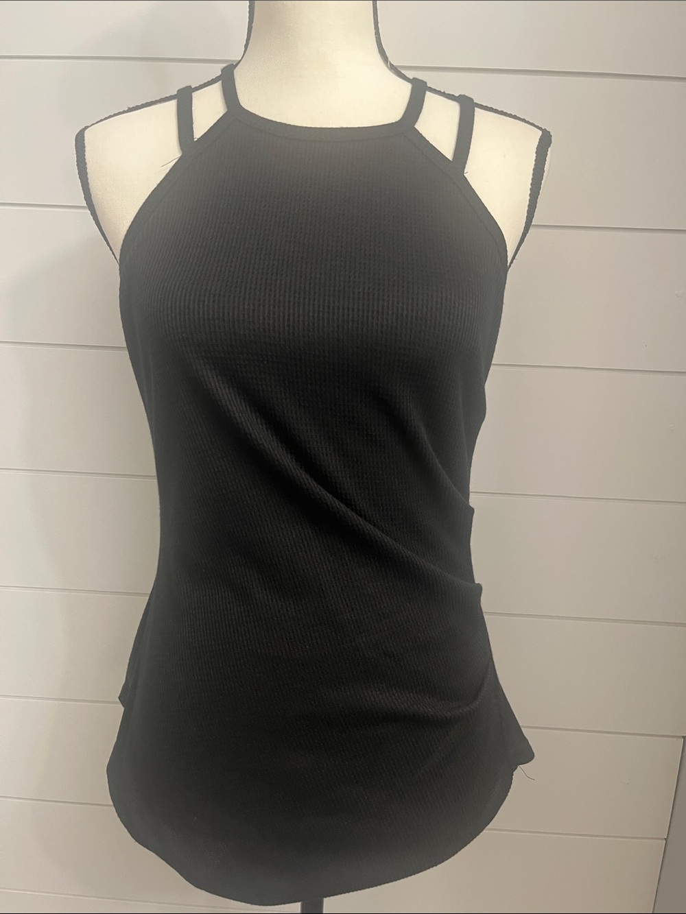 Women's Black Ribbed High-Neck Tank with Double Shoulder Straps